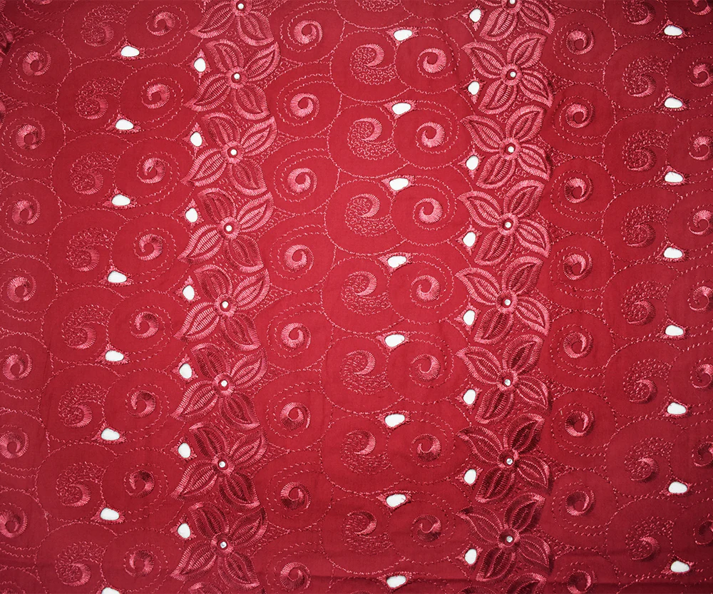 Red Poly-Cotton Embroidered Floral Swirl Scallop Rhinestone Woven Fabric - Image 4