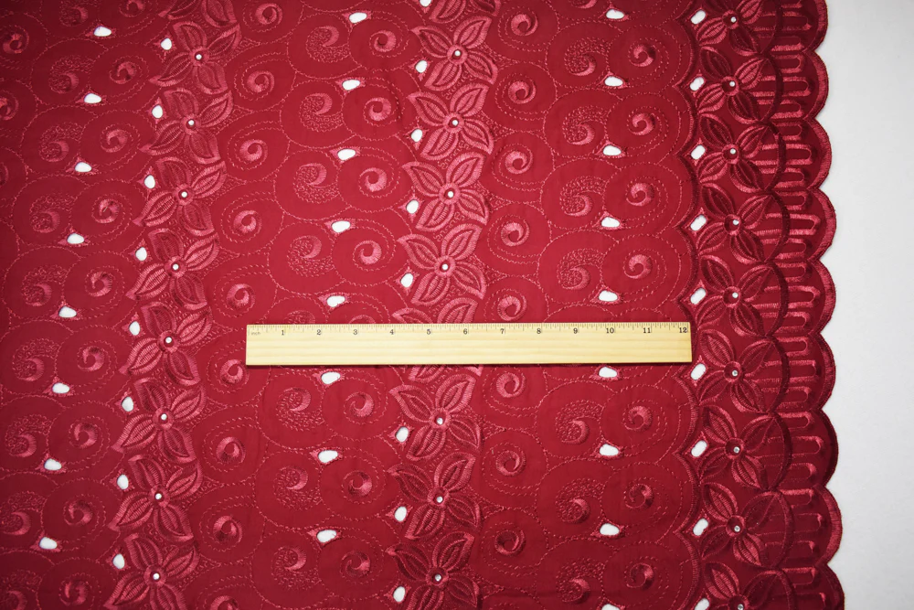 Red Poly-Cotton Embroidered Floral Swirl Scallop Rhinestone Woven Fabric - Image 5
