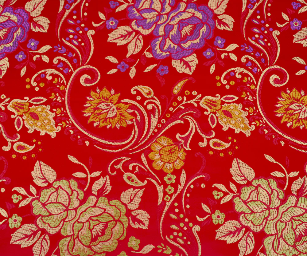 Red-Purple-Multi Polyester Floral Vine Pattern Chinese Brocade Woven Fabric - Image 2