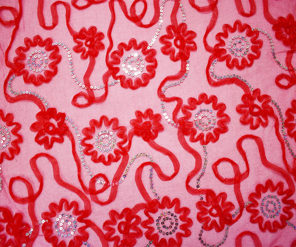Red-Silver Nylon Floral Applique Sequined Mesh Tulle Fabric - Image 3