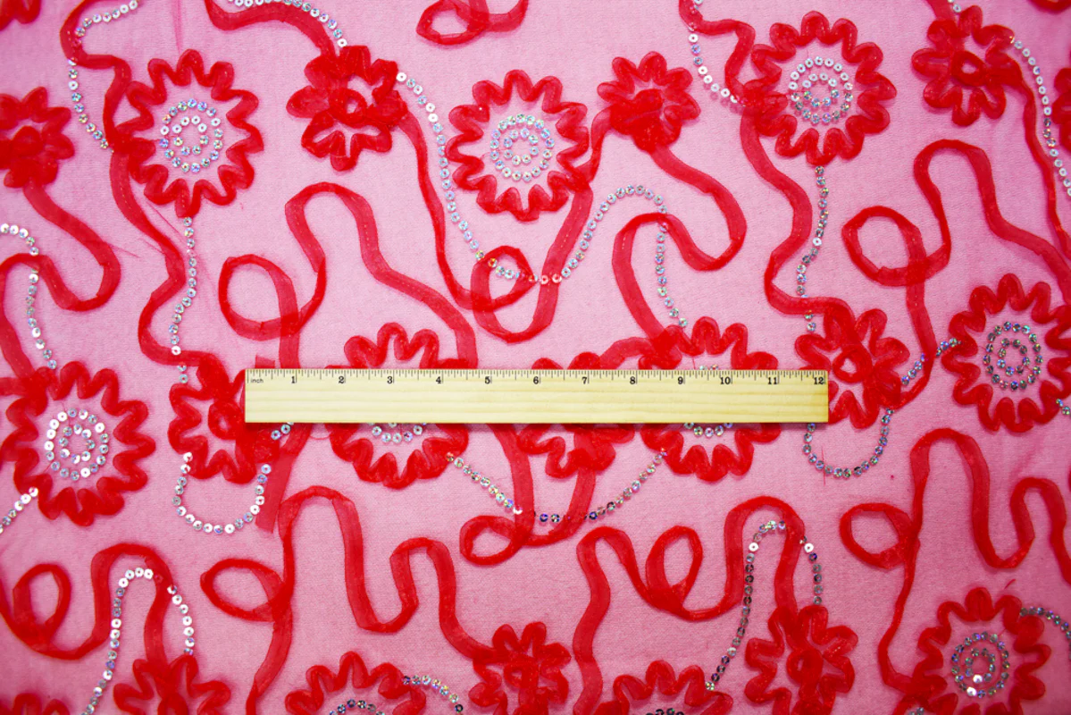 Red-Silver Nylon Floral Applique Sequined Mesh Tulle Fabric - Image 4