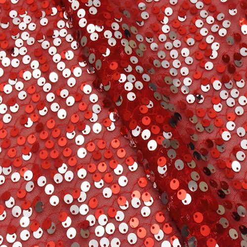 Red/Silver Semi-Sheer Sequined Mesh Tulle Fabric