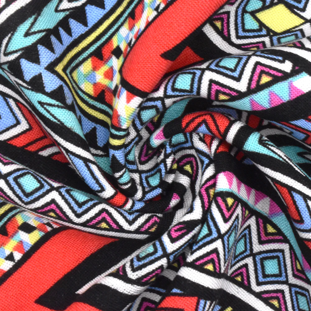 Red-Teal-Multi Abstract Chevron Aztec Printed Challis Fabric - Image 3