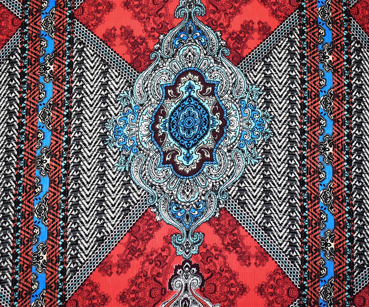 Red-Teal-Multi Poly Aztec Baroque Printed Textured Dobby Woven Fabric - Image 3