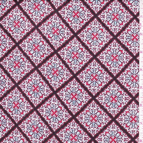 Red/Turquoise Scroll Tile Crepon Fabric