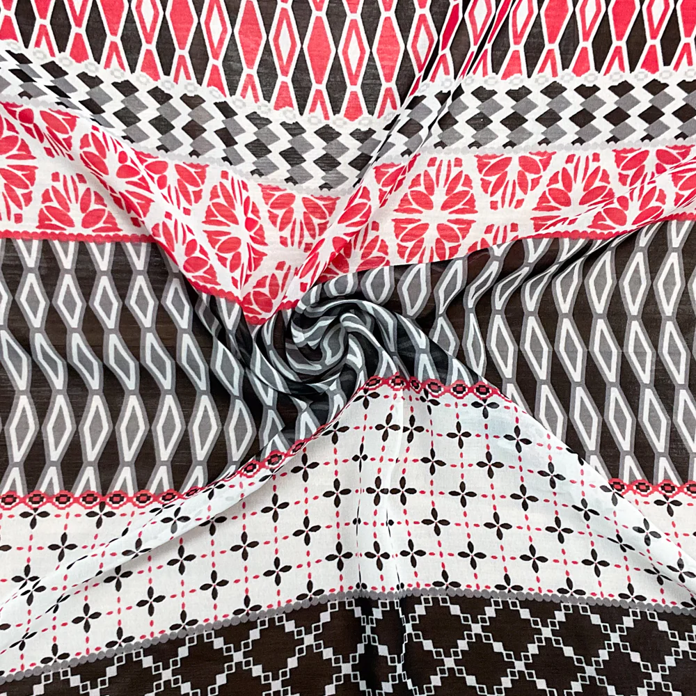 Red-White-Multi Poly Multi Pattern Printed Chiffon Woven Fabric