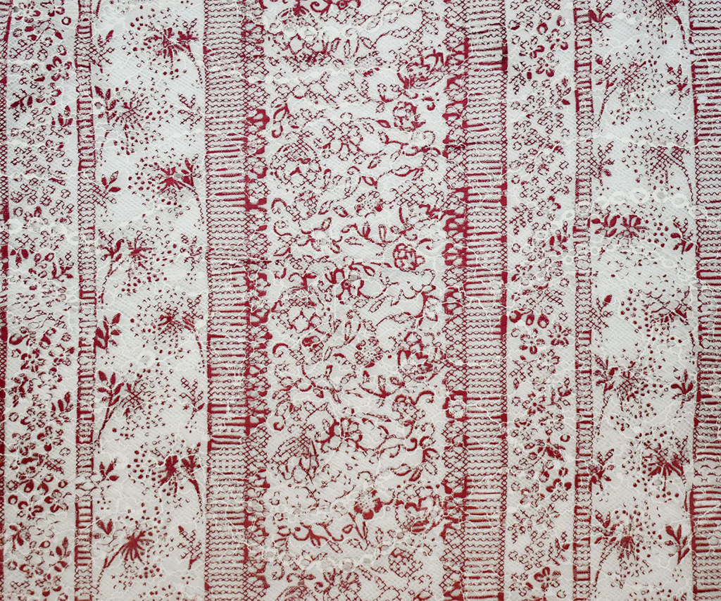 Red-White Nylon Floral Stripe Printed Lace Mesh Knit Fabric - Image 3