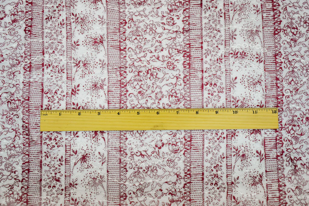 Red-White Nylon Floral Stripe Printed Lace Mesh Knit Fabric - Image 4