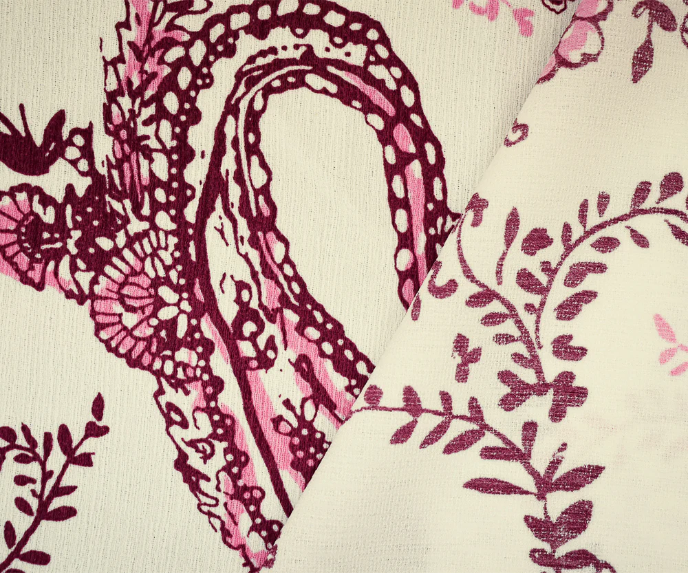 Red-White-Pink Paisley Vine Printed Poly Slub Momie Crepe Woven Fabric - Image 3