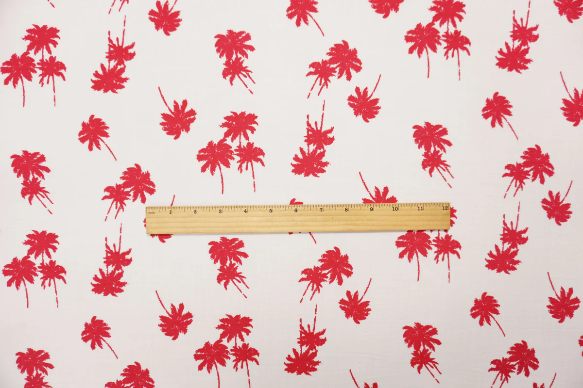 Red-White Rayon Palm Tree Printed Voile Woven Fabric - Image 4