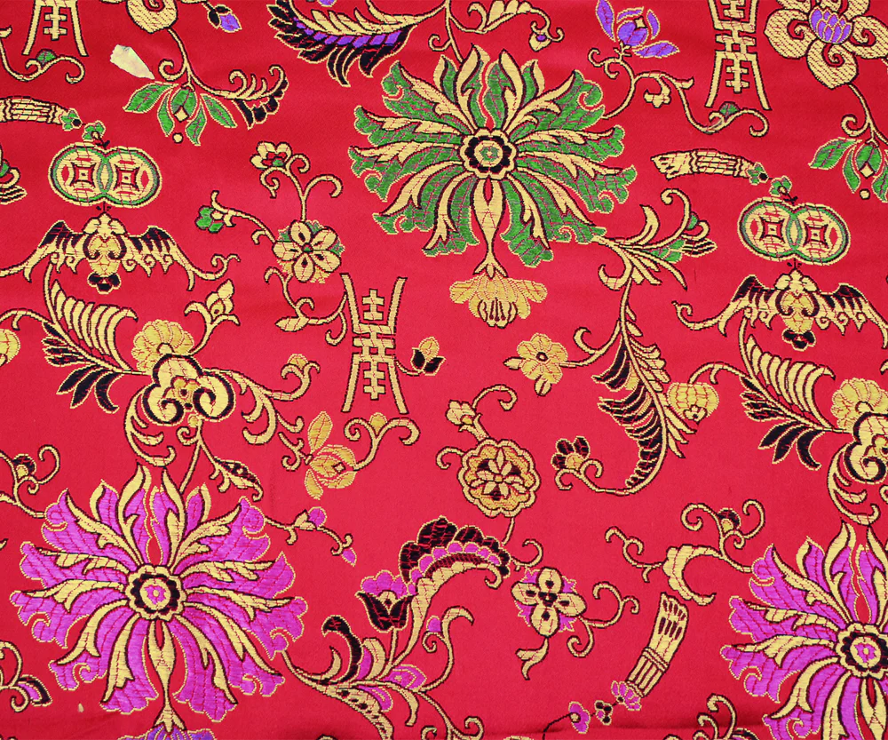 Red-Yellow-Multi Polyester Floral Chinese Brocade Woven Fabric - Image 2