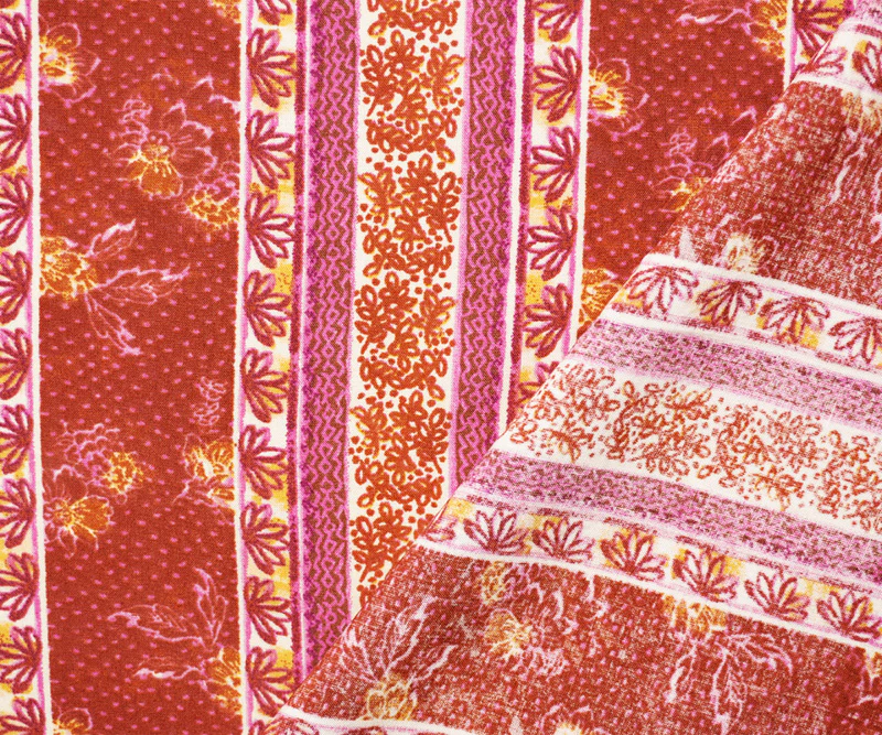 Red-Yellow-Multi Rayon Floral Stripe Printed Challis Woven Fabric - Image 2