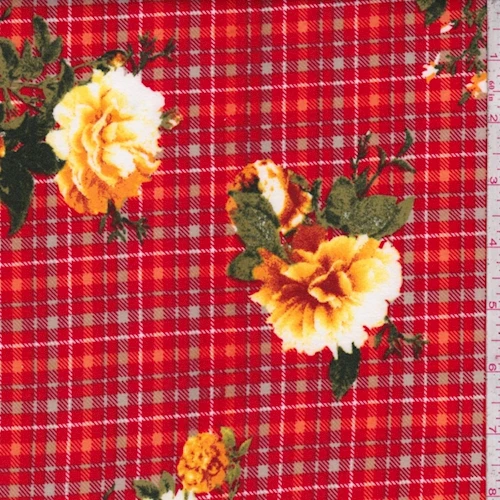 Red/Yellow Plaid Floral Double Brushed Jersey Knit Fabric