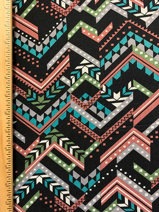 Rose and Teal Multi Broken Chevron Print Rayon Challis Fabric - Image 4