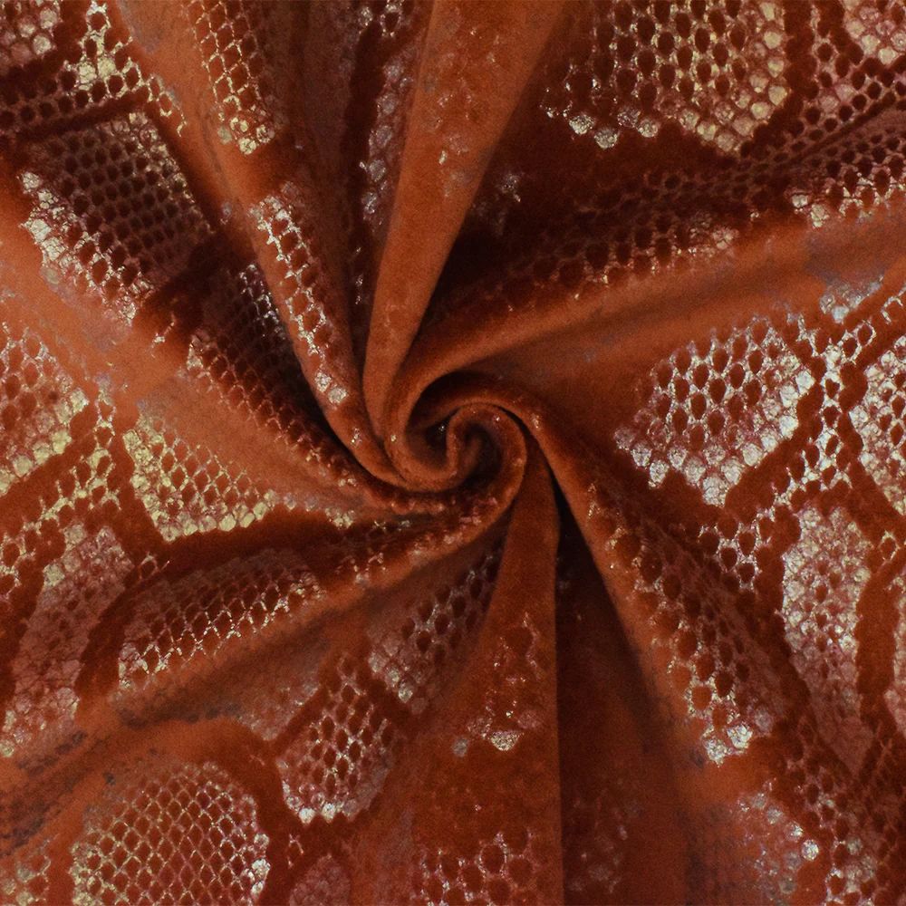 Rust Brown-Gold Snake Foil Print Poly Cotton Velvet Home Decorating Fabric - Image 3