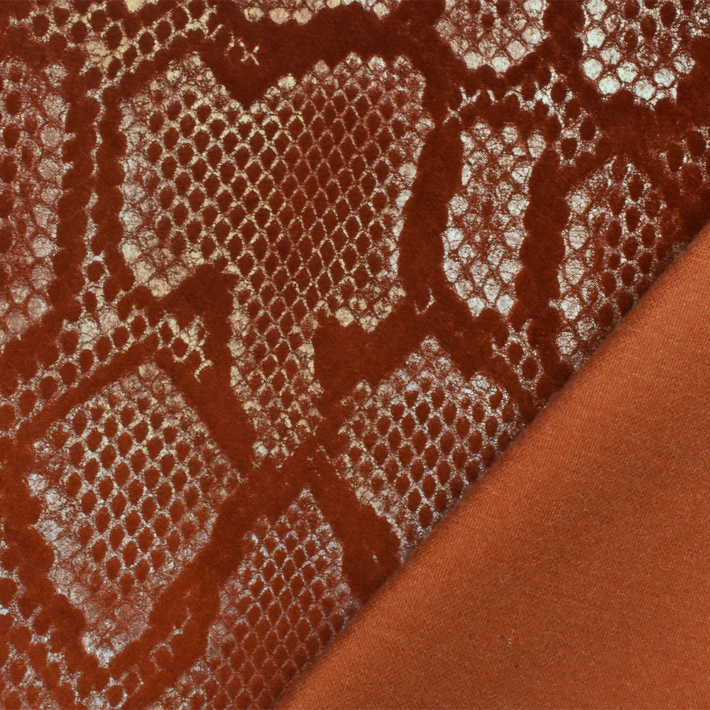 Rust Brown-Gold Snake Foil Print Poly Cotton Velvet Home Decorating Fabric - Image 4