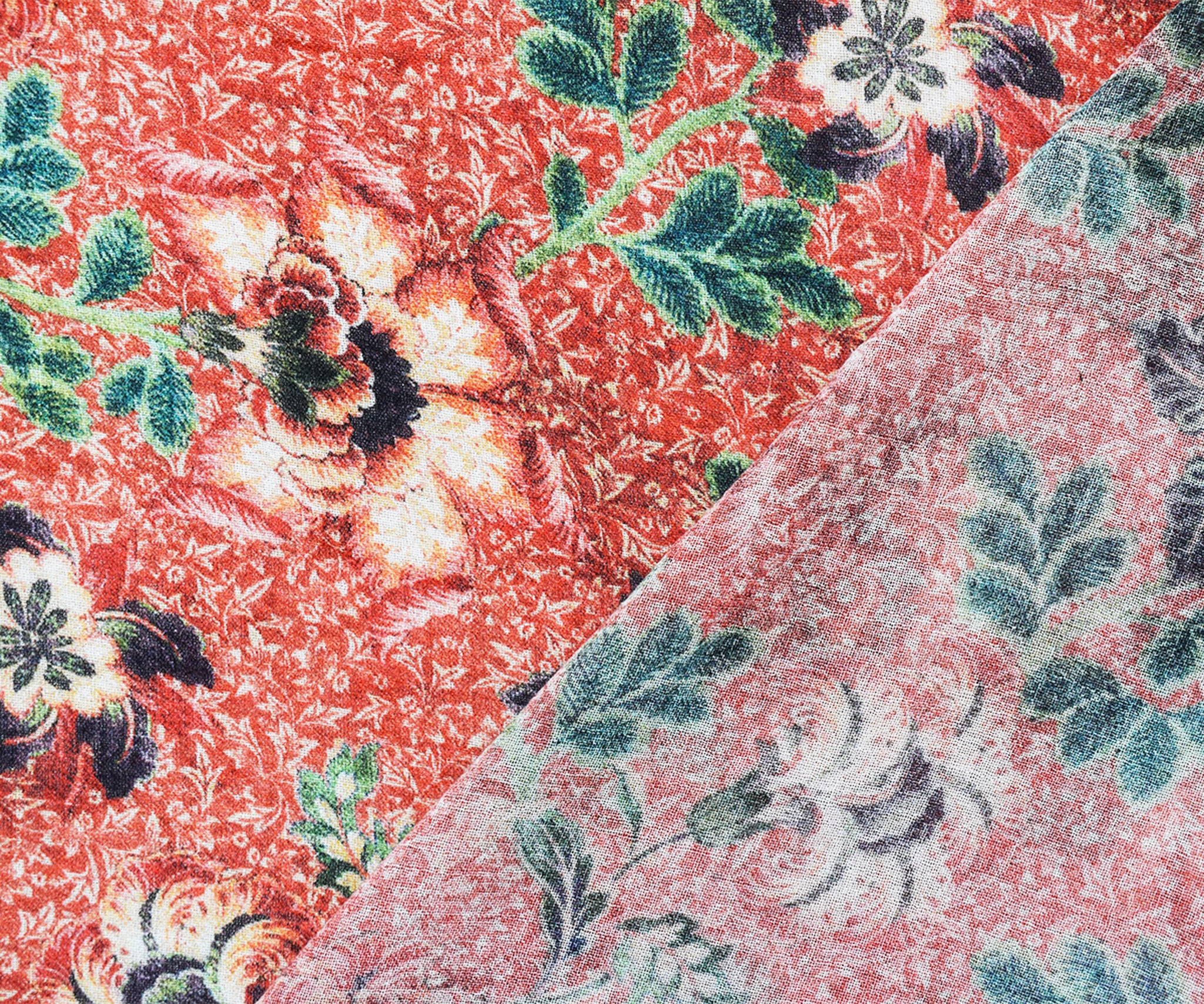 Rust Orange-Green-Multi Cotton Floral Border Printed Gauze Woven Fabric