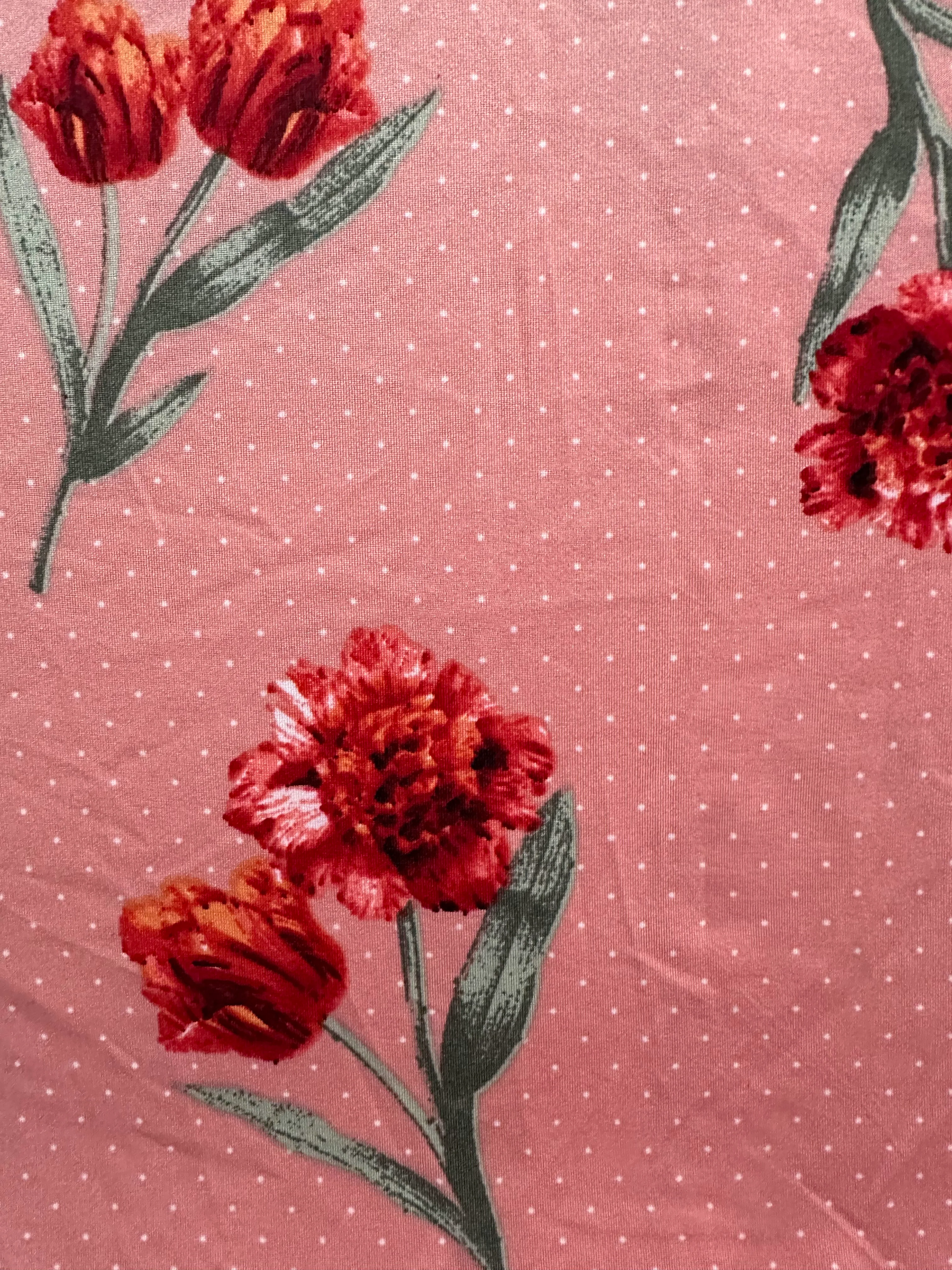Salmon Pink Polka Dot Floral Print ITY Jersey Knit Fabric - Image 2