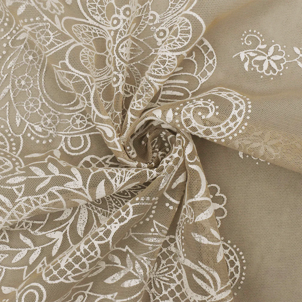 Sand Beige-White Floral Border Printed Nylon Mesh Knit Fabric - Image 2
