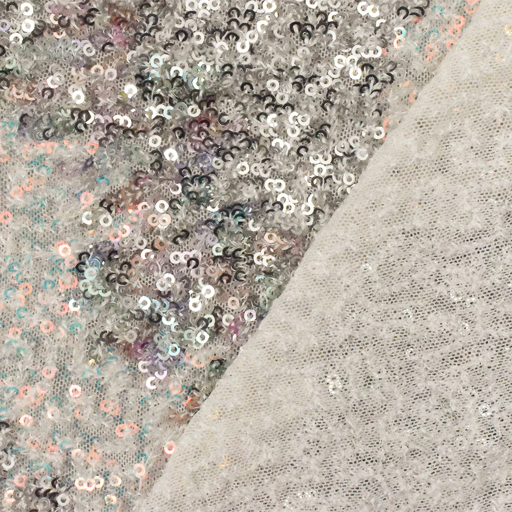 Silver-Iridescent-Multi Stylized Chevron Sequin Poly Mesh Knit Fabric - Image 2