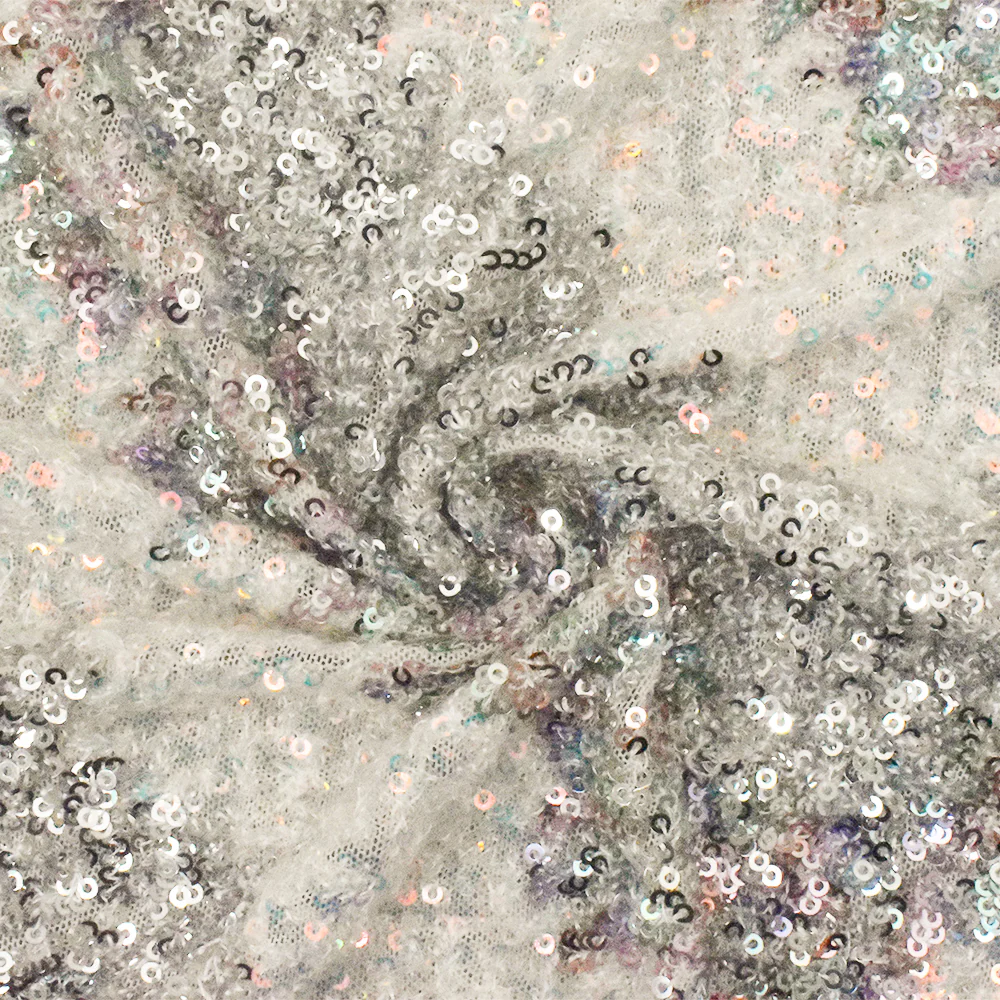 Silver-Iridescent-Multi Stylized Chevron Sequin Poly Mesh Knit Fabric - Image 3