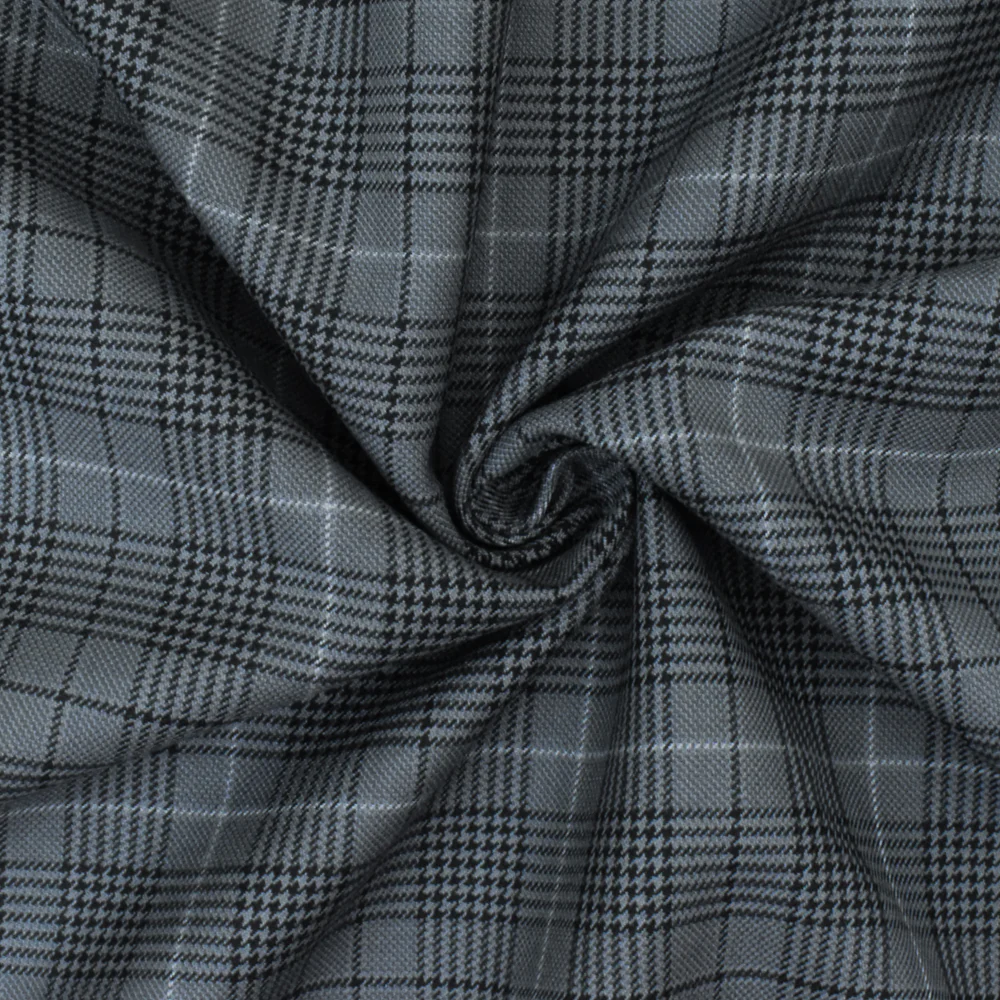 Simple Gray-Black-White Glen Plaid Wool Polyester Twill Woven Fabric - Image 2