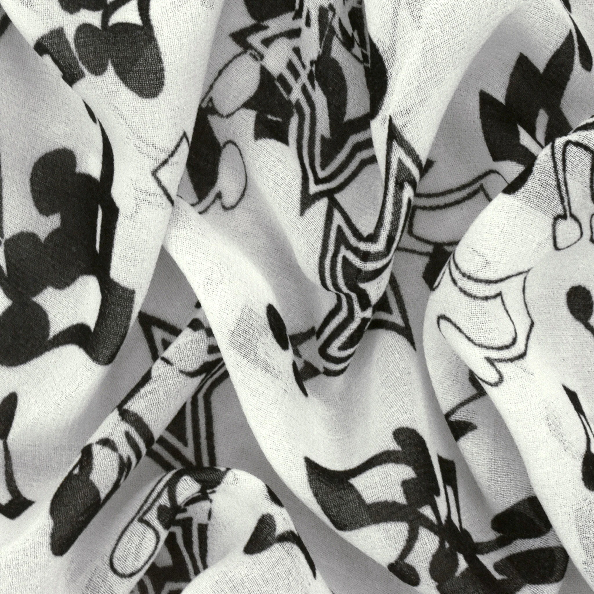 Snow White-Black Star Music Printed Poly Chiffon Woven Fabric - Image 2