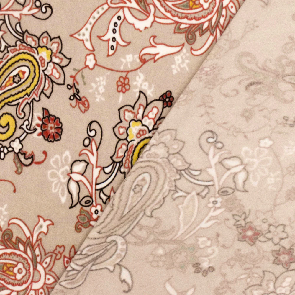 Sugar Beige-Orange-Multi Paisley Printed Stretch Polyester ITY Knit Fabric - Image 4