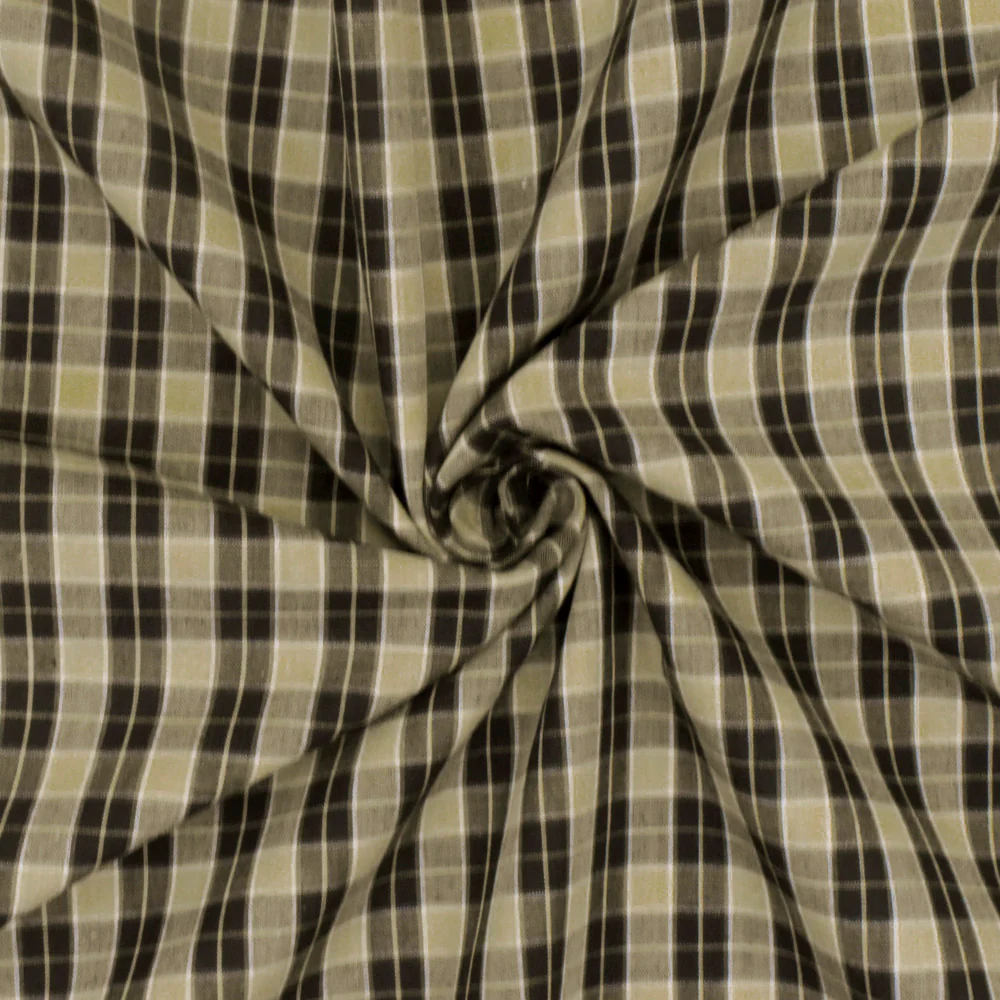Taupe Beige-Black-White Plaid Cotton Polyester Madras Woven Fabric - Image 2