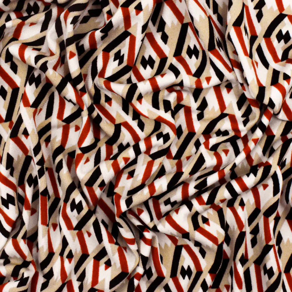 Taupe Beige-Red-Multi Geometry 3D Printed Stretch Polyester ITY Knit Fabric - Image 3