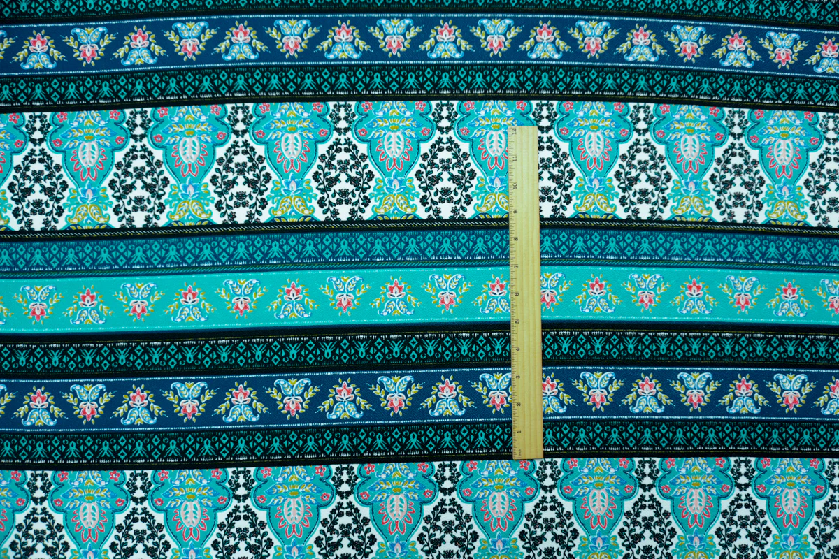 Teal-Black-Multi Poly Boho Print Liverpool Double Knit Fabric - Image 4