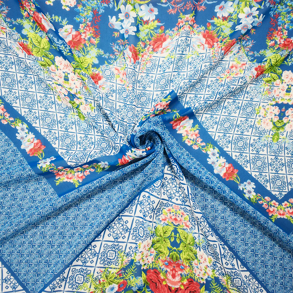 Teal Blue-Orange Multi Poly Floral Border Printed Chiffon Woven Fabric