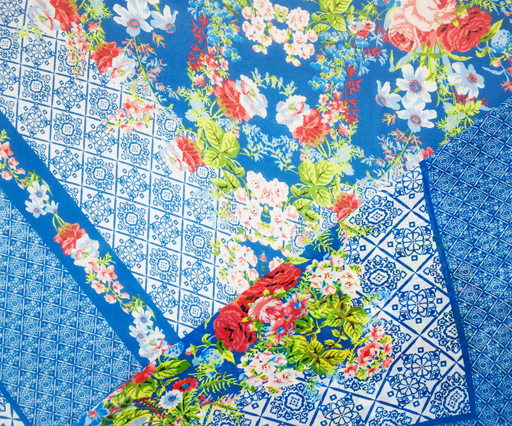 Teal Blue-Orange Multi Poly Floral Border Printed Chiffon Woven Fabric - Image 2