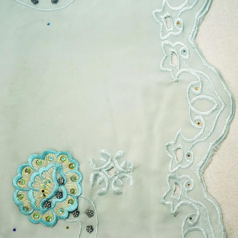 Teal-Multi Poly Embroidered Floral Beaded Rhinestone Scallop Chiffon Fabric