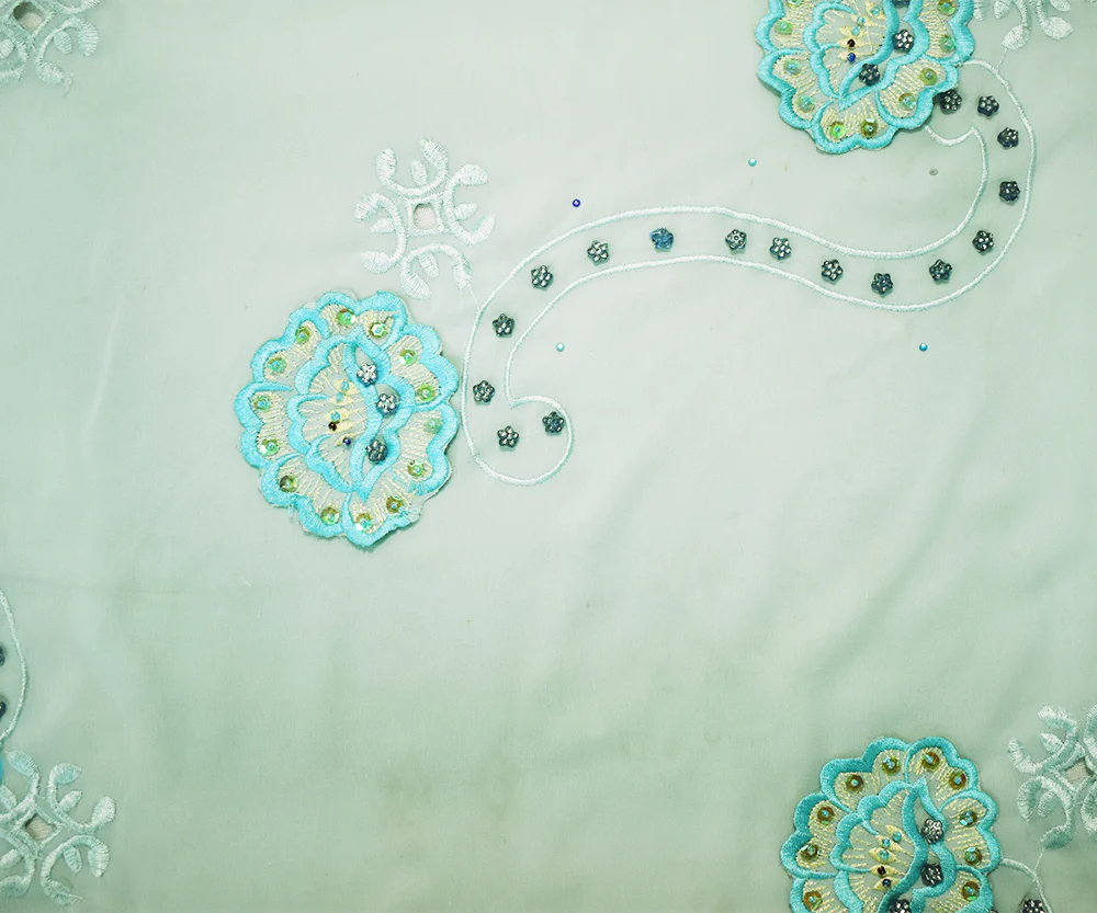 Teal-Multi Poly Embroidered Floral Beaded Rhinestone Scallop Chiffon Fabric - Image 4