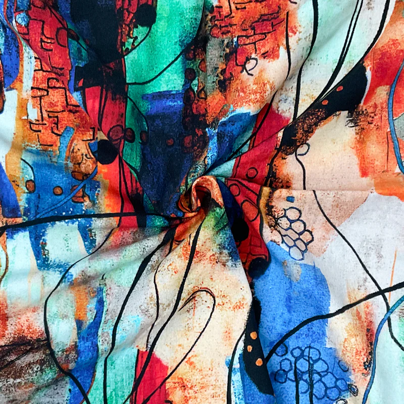Teal-Red-Multi Cotton Abstract Printed Jersey Knit Fabric