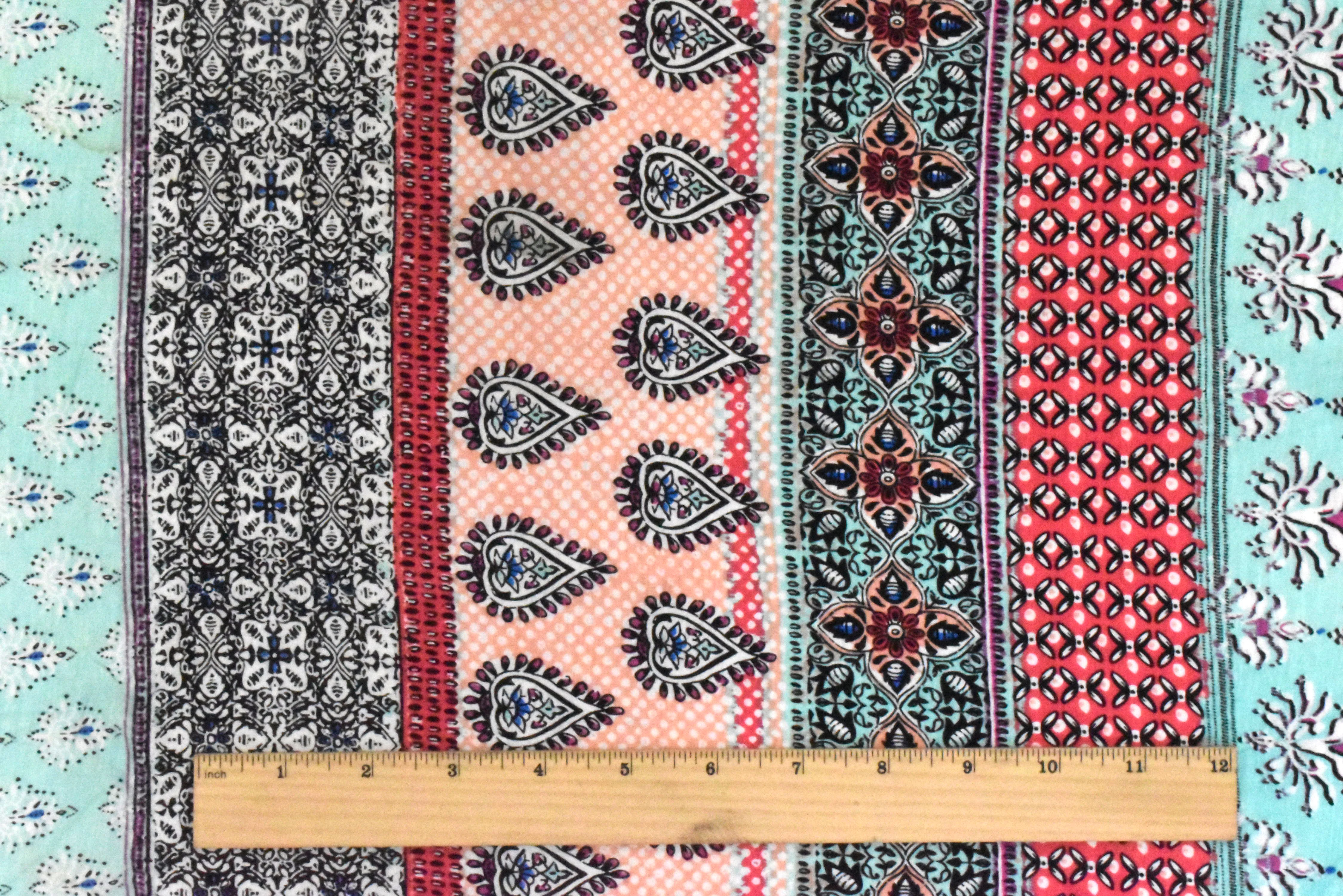 Teal-Red-Multi Moroccan Stripe Printed Rayon Stretch Jersey Knit Fabric - Image 5