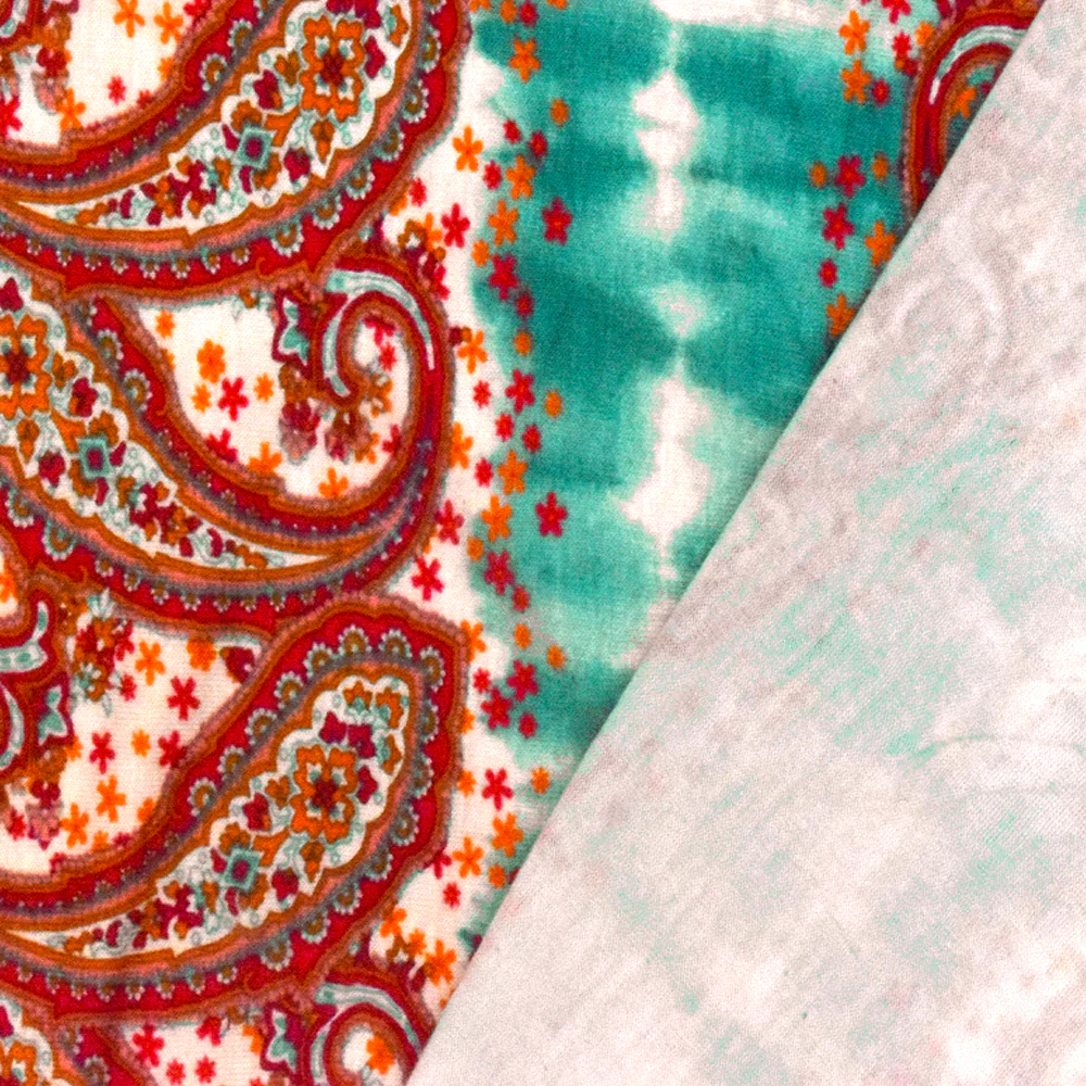 Teal-Red-Multi Striped Paisley Printed Rayon Stretch Jersey Knit Fabric - Image 4