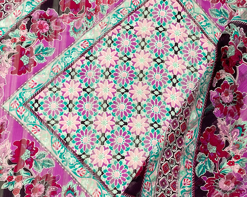 Turquoise-Multi Floral Printed Satin Stripe Chiffon Woven Fabric - Image 2