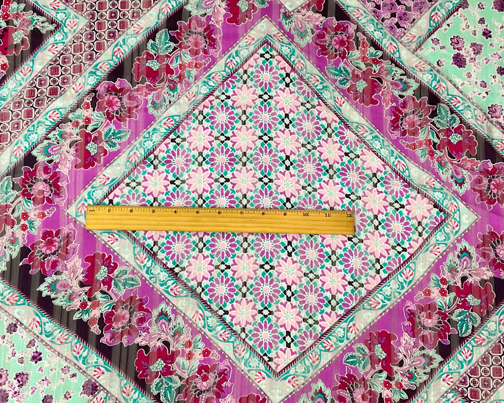 Turquoise-Multi Floral Printed Satin Stripe Chiffon Woven Fabric - Image 4