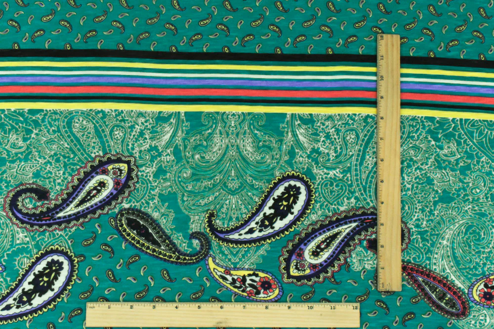 Turquoise-Multi Paisley With Stripe Printed Stretch Poly Slub Jersey Knit Fabric - Image 5