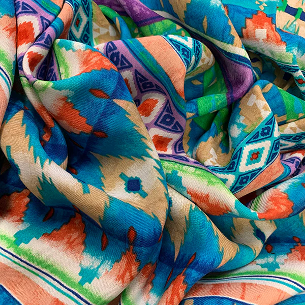 Turquoise Tie Dye Aztec Stripe Print Rayon Challis Fabric