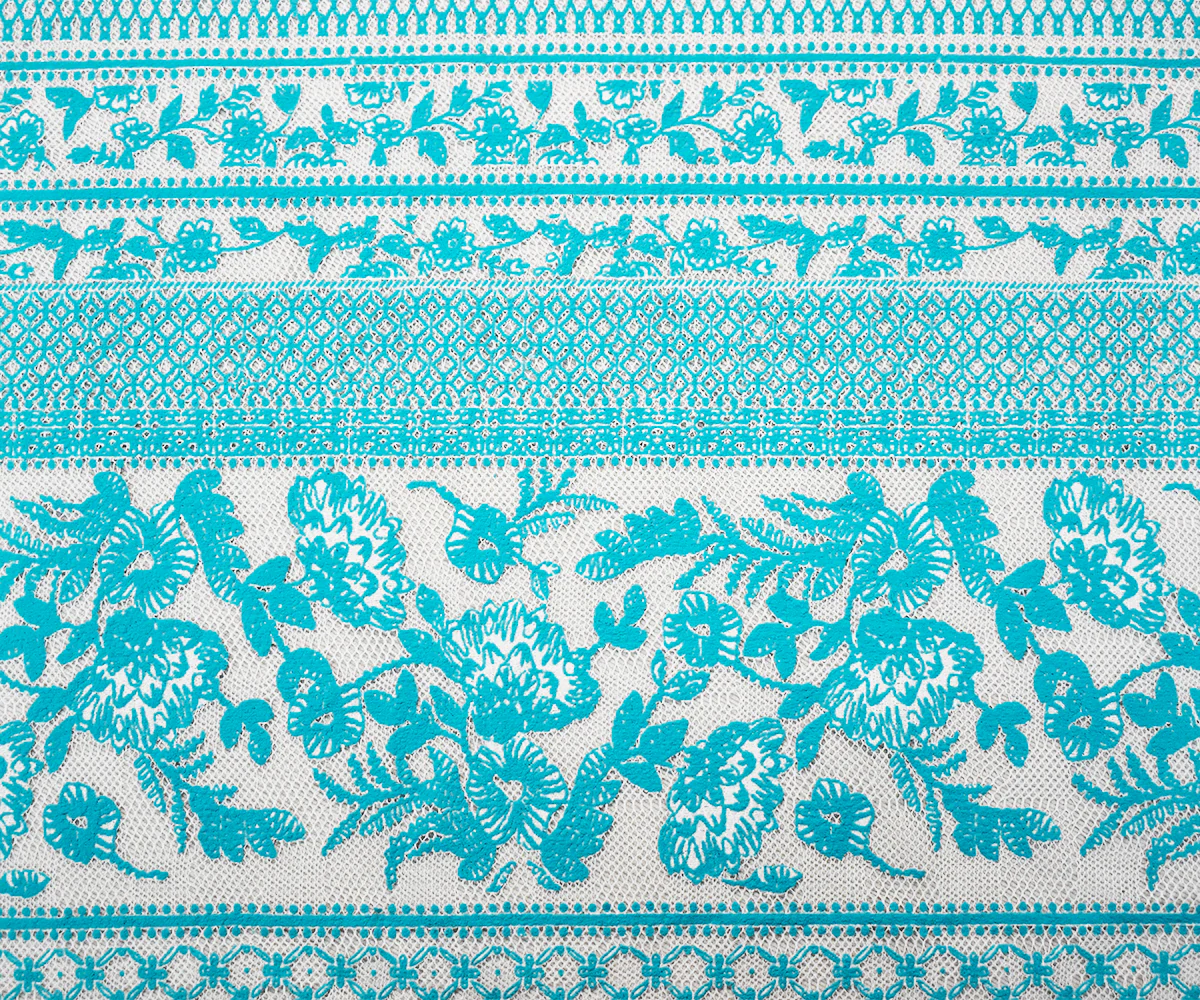 Turquoise-White Nylon Floral Multi Stripe Printed Mesh Lace Knit Fabric - Image 3