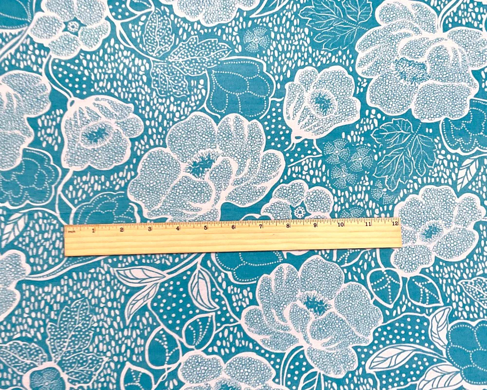 Turquoise-White Poly Floral Printed Chiffon Woven Fabric - Image 4