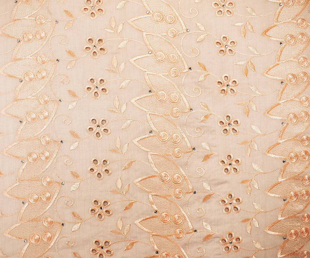 Warm Beige Poly-Cotton Floral Vine Eyelet Scalloped Rhinestone Woven Fabric - Image 4