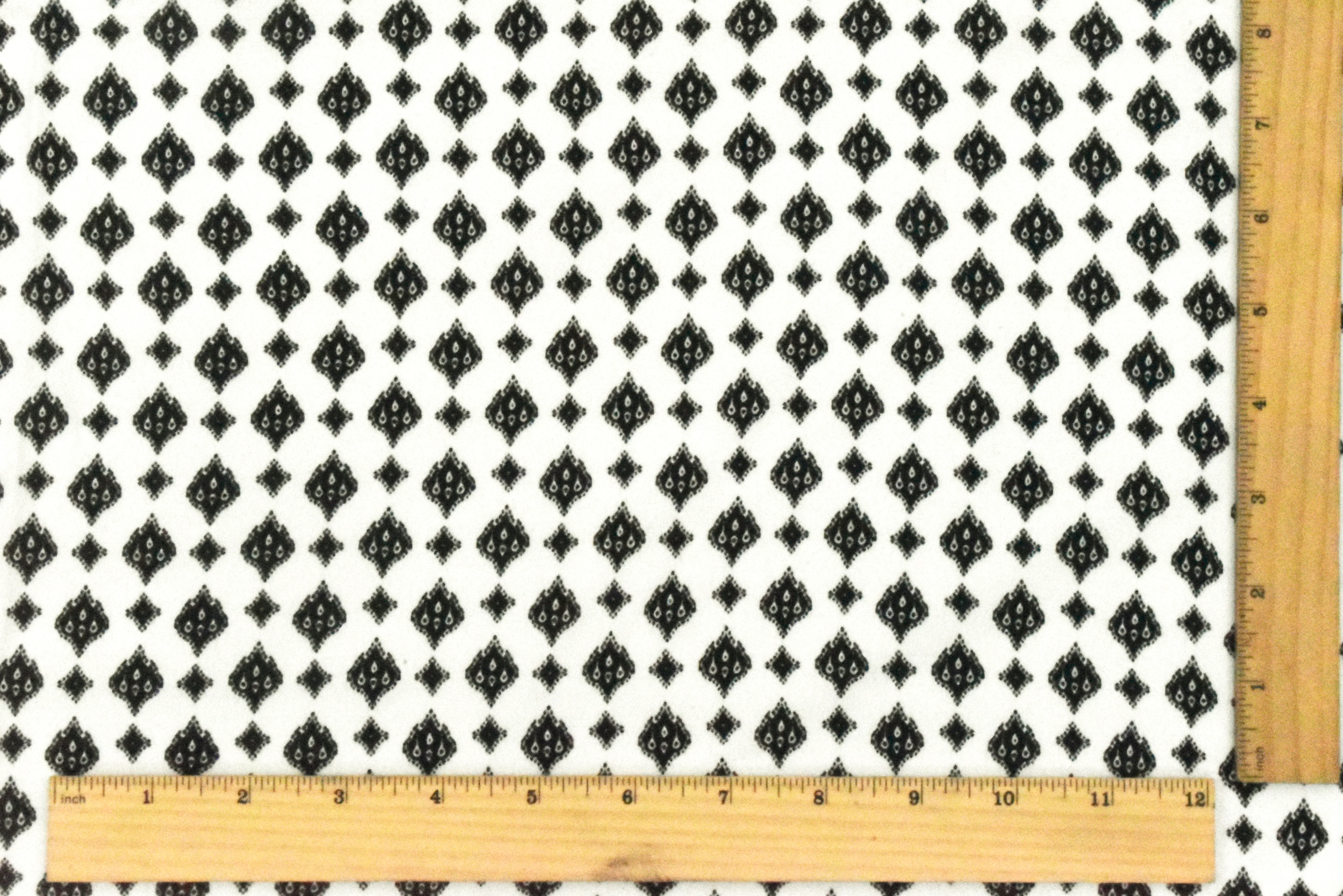 White-Black Famous Designer Ogee Diamond Printed Rayon Crepe Faille Fabric - Image 5
