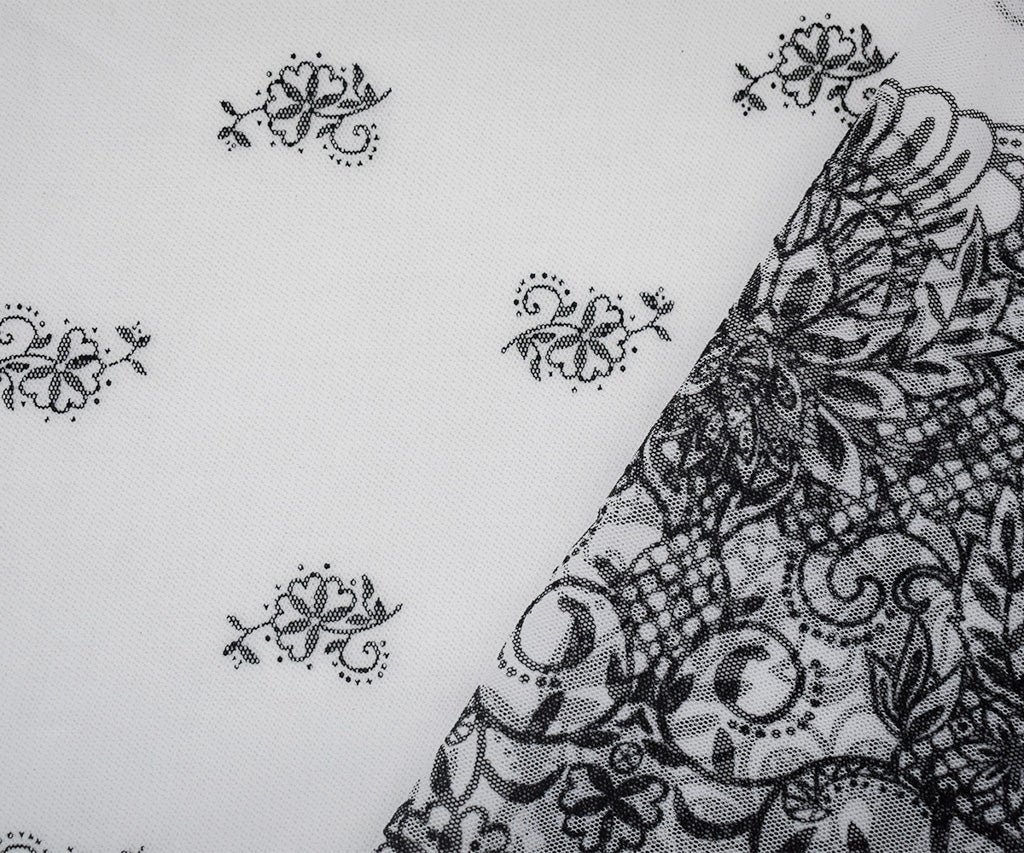 White-Black Nylon Floral Border Printed Mesh Tulle Knit Fabric - Image 2
