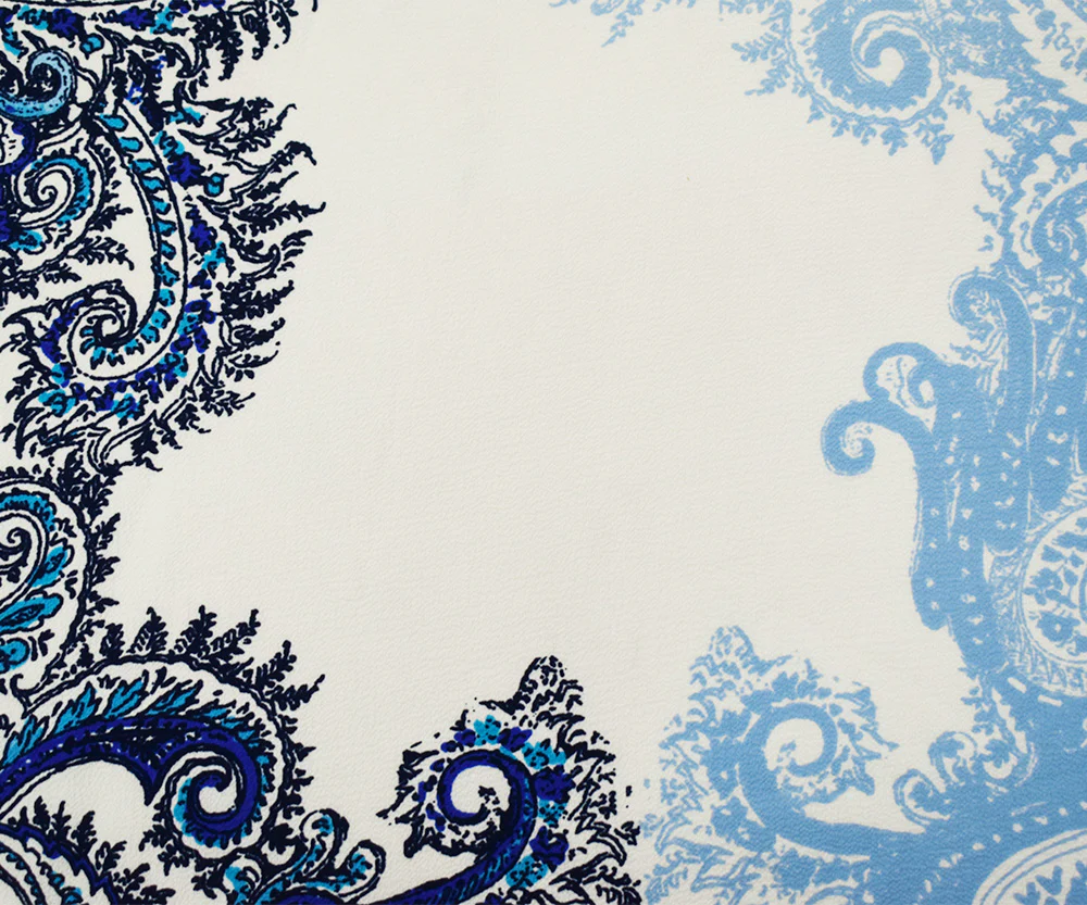 White-Blue-Black Poly Baroque Border Printed Pebble Crepe Woven Fabric - Image 2