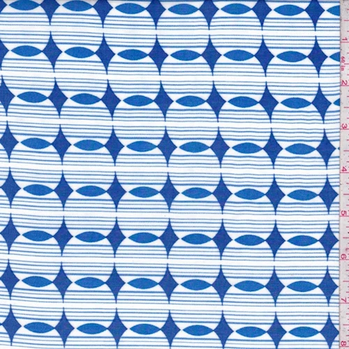 White/Blue Geo Rayon Challis Fabric