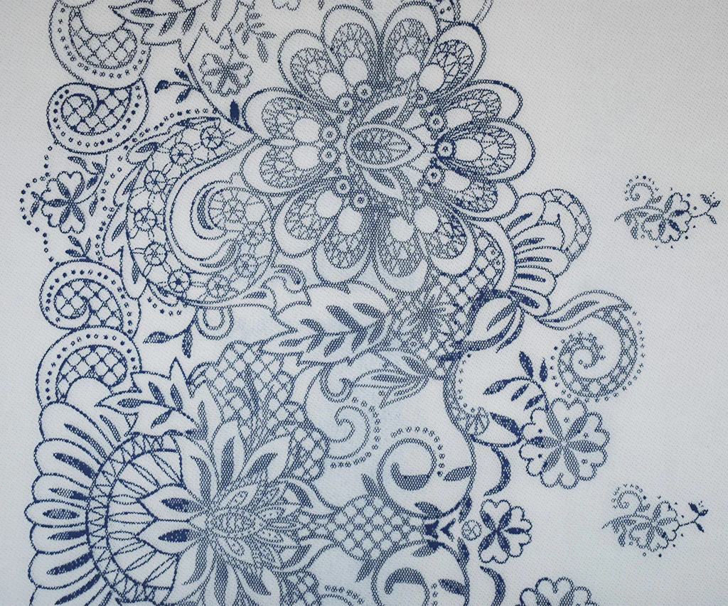 White-Dark Blue Nylon Floral Border Printed Mesh Tulle Fabric - Image 4